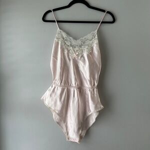 Vintage Erika Taylor Pink Satin Lace Trimmed Teddy Bodysuit Lingerie Small